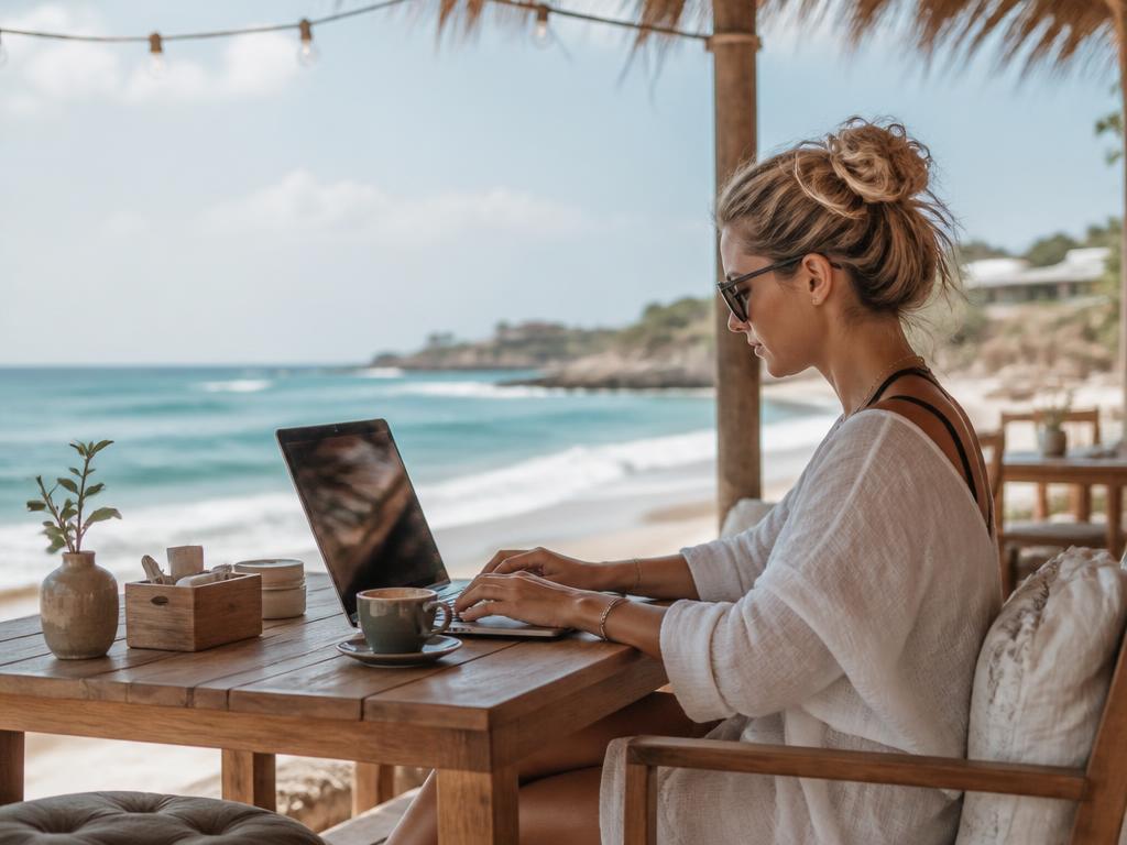 Ortsunabhängiges Arbeiten: Frau arbeitet mit Laptop direkt am Meer