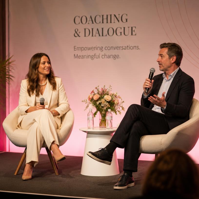 Coaching: Podiumsdiskussion mit einer Frau und einem Mann auf der Bühne